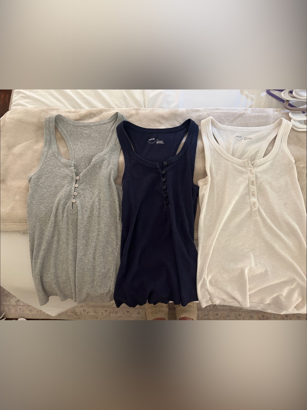 3 aerie Ribbed Henley Tanks with Button Placket - Navy, Gray, and White